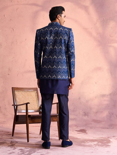 Men's Navy Blue Silk Embroidered Jodhpuri With Curved Kurta Pant Set